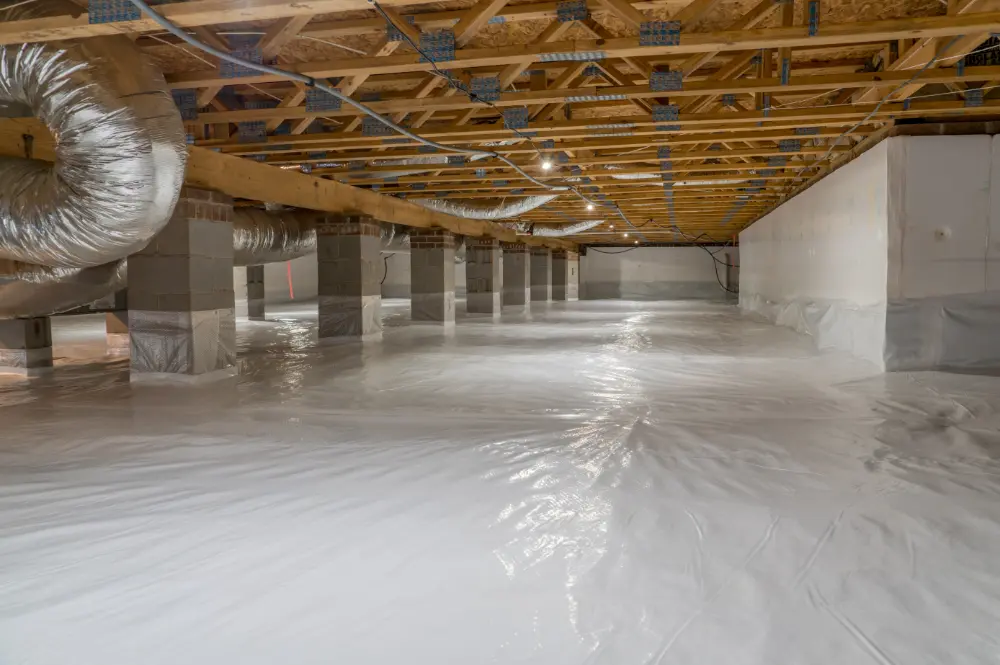 Spacious crawl space with white plastic vapor barrier covering the floor and walls. Exposed wooden beams and gray metallic ventilation ducts overhead.